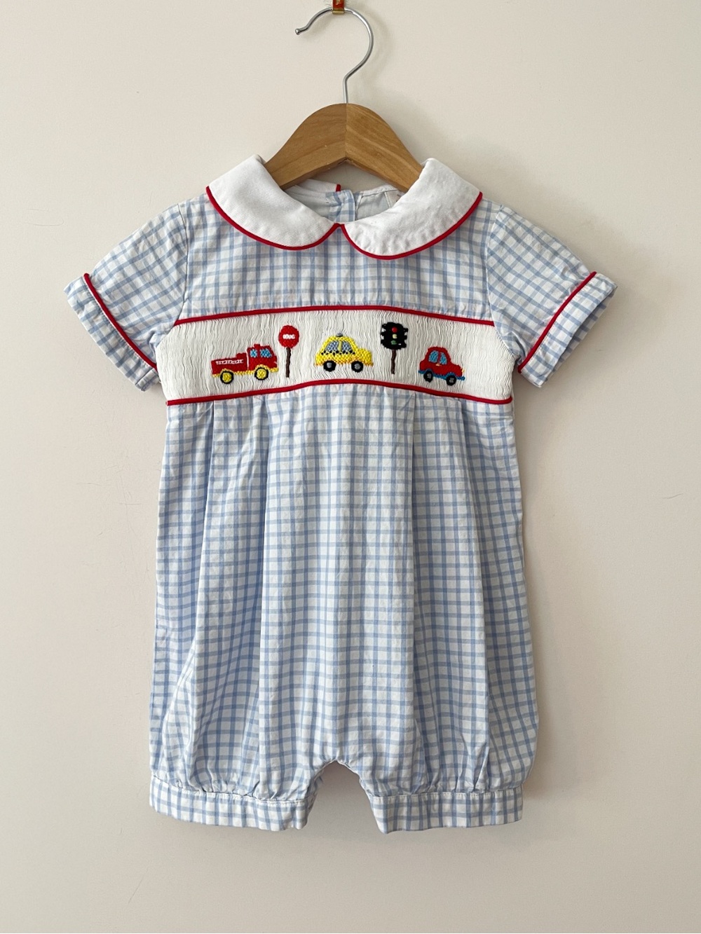 BABEENI VGUC Boys Hand Smocked Transportation Theme Gingham Bubble Romper